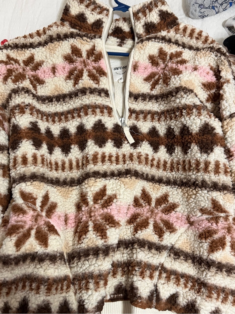 aerie Sherpa Half-Zip Turtleneck Sweater in Cream, Brown & Pink